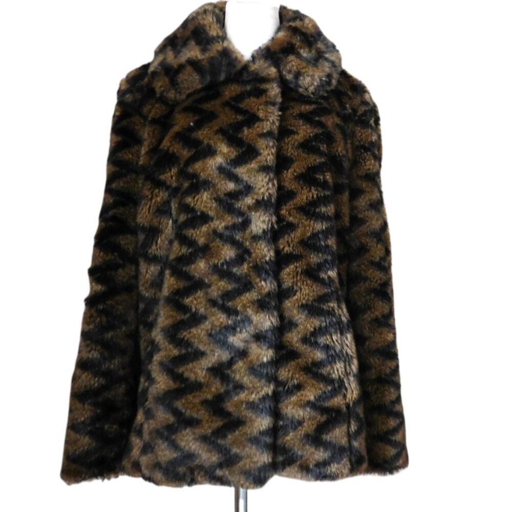 Size M  Faux Fur  Black Brown Chevon Hip Length Coat Size S Tribal Women's